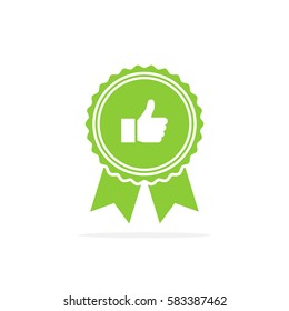 Badge with thumbs up. Green medal icon in a flat design