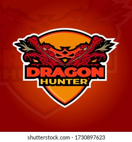 Badge of a two head angry red monster game. red gaming dragon logo