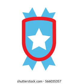 Badge vector button shield and star. Color design emblem with ribbon illustration