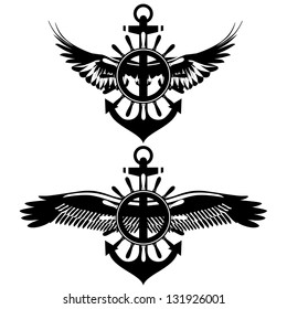 Badge with wings, wheel and anchor. Black-and-white illustration.
