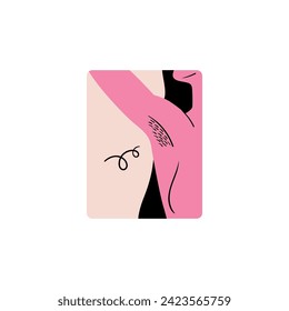 Badge for women's rights and equality. Stylish and vector illustration dedicated to feminism – a girl shows a hairy armpit. Sticker for International Women's Day.