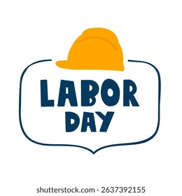 Badge with work helmet. Labor Day. Vector illustration on white background.