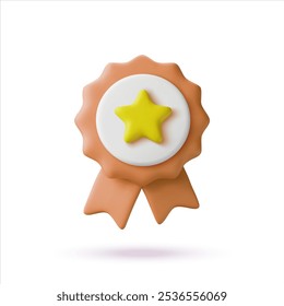 Badge with yellow star in 3d cartoon minimal style. Guarantee quality and best product icon. Vector illustration.