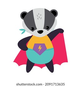 Badger Animal Superhero Dressed in Cloak Vector Illustration