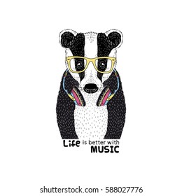  badger boy with headphones, hand drawn animal illustration