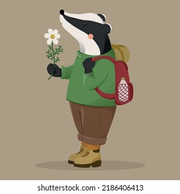 Viajero de caricaturas con mochila. Viajan animales. Senderismo de animales. Ilustración vectorial de un botón plano. Viajes, viajes, caminatas, acampadas aisladas