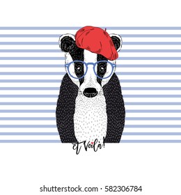 badger dressed up in french chic style, hand drawn animal illustration