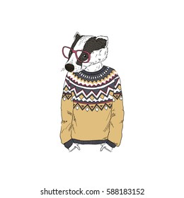 badger dressed up in jacquard pullover, furry art illustration, fashion animals