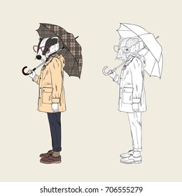 badger dressed up in raincoat with umbrella, furry art illustration, fashion animals