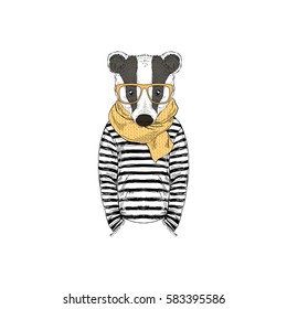 badger dressed up in stripy top, furry art illustration, fashion animals