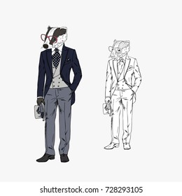 badger dressed up in vintage victorian suit, furry art illustration, fashion animals