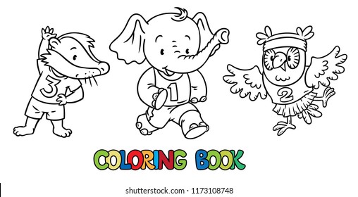 Badger, elephant and owl doing exercises. Sport.