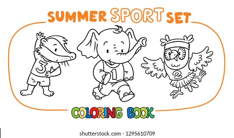 Badger, elephant and owl doing exercises. Sport.