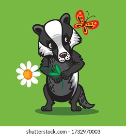 Badger with a flower. Illustration for children.