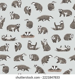 Badger forest animal vector seamless pattern.