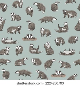 Badger forest animal vector seamless pattern.
