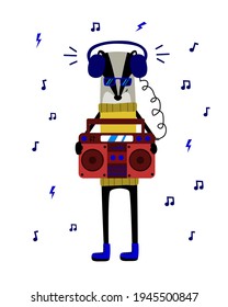 Badger with headphones and listening to music. Vector illustration in flat style. Ideal for cards, invitations, party, preschool and children. Suitable for printing on T-shirts and other clothing.