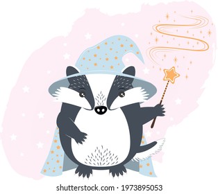 badger with a magic wand and a hat. childrens poster template, cute animal. hand drawn doodle style. vector, minimalism. decor for a children's room. newborn, sticker, postcard, nursery