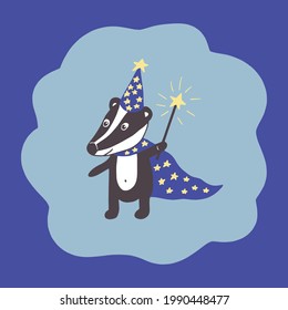 badger with magic wand icon. hand drawn doodle style. vector, cartoon. Nursery room decor, children print. cute animal. newborn, sticker poster card