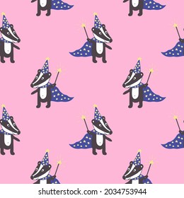 badger with magic wand icon. hand drawn doodle style. vector, cartoon. Nursery room decor, children print. cute animal. newborn, sticker poster card