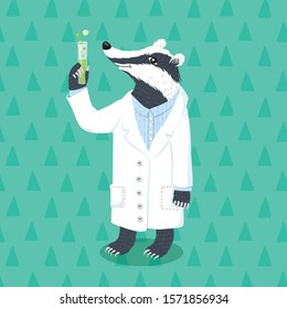 Badger makes experience. Chemistry, test tube, doctor, pharmacist, scientist. Vector graphics.