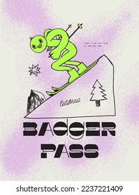 Badger pass ski t-shirt print. Funny and stylish character riding skies downhill. Winter sports silkscreen t-shirt print vector illustration.