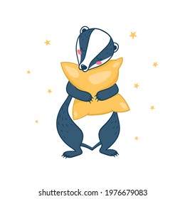 A badger is sleeping with a pillow. Vector illustration isolated on white background. Children's design, print, poster.