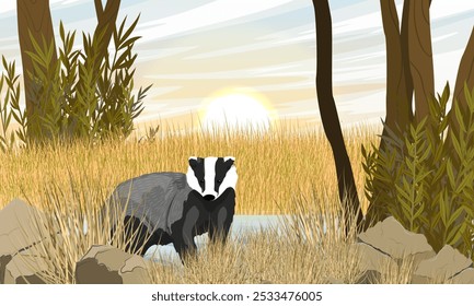 Badger caminha por um campo com grama seca na margem de um riacho. Animais selvagens da Europa e da América. Paisagem vetorial realista