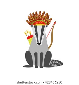 Badger Wearing Tribal Clothing  Colorful Flat Isolated Icon In Cool Detailed Artistic Design Isolated On White Background