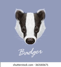 Badger Wild Animal Face. Vector Cute European, Eurasian Black And White Funny Badger Head Portrait. Meles Meles. Realistic Fur Portrait Of Forest Badger On Blue Background.