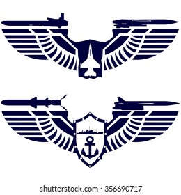 Badges Air Force and Navy. Combat fighter and missile cruiser on abstract wings. The illustration on a white background.