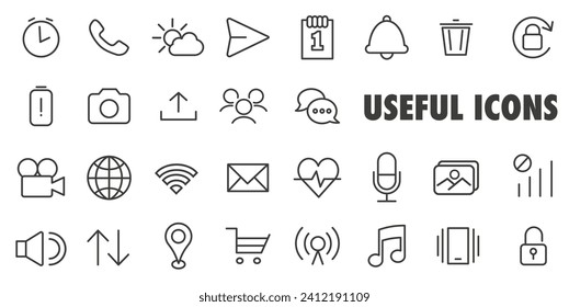 Badges are always needed. Set of linear vector icons. Music and image settings interface. EPS 10.