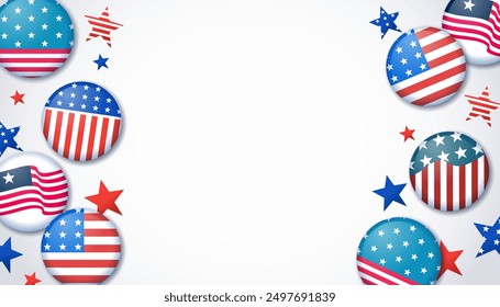 Badges with american flag pattern on border of white background . Vector .