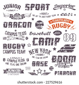 Badges baseball and rugby college team in retro style. Graphic design elements print for t-shirt with shabby texture