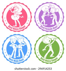 Badges for the best singers and duets. Vector clip art illustration on a white background.