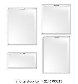 Badges Blank Accessories Different Size Set Vector. Empty Badges For Visitor Information, Photography, Name And Surname. Person Identification Card For Meeting Template Realistic 3d Illustrations