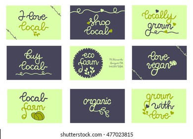 Badges, business cards for package, bag, concept, local promo, farmers market, shop, branding, food store, farmers festival, design, business. Set. Buy local. Local Farm. Eco Farm. Shop local. Vegan.