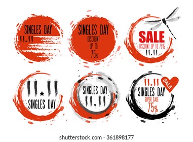 Badges in chinese brush style for 11 November sale.