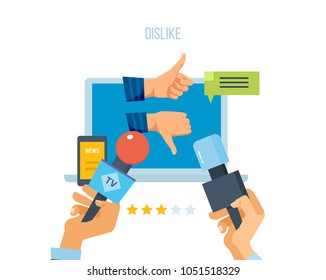 Badges of dislike. Negative assessment of performance and efficiency. Social elements, finger hands up, down, characters are yes, no. Negative social reviews, comments, news. Illustration isolated.