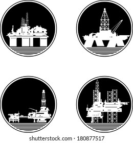 Badges with drilling rigs and oil platforms. Illustration on white background.