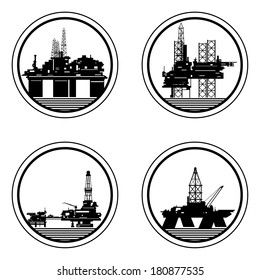 Badges with drilling rigs and oil platforms. Illustration on white background.