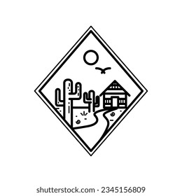 Badges and emblem cactus desert and house monoline line art style isolated