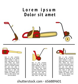 Badges of gardening power tools for flyer or leaflet. Technique for garden and lawn care