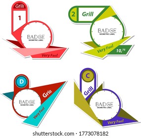 Abzeichen oder geometrische Etiketten zur Identifizierung von Fast Food-Schichten, mit Bereichen zur Positionierung von Titeln, Slogans und Preisen