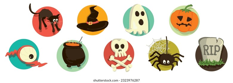 Badges for Halloween party. Vector stickers with horror motifs