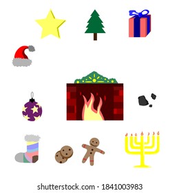 Badges, icons of Christmas paraphernalia. Fireplace, cookies, menorah, fireplace on a white background