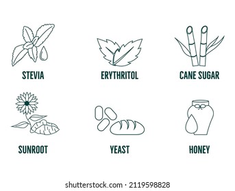 badges and icons set-alternative sweeteners and flavors. for healthy and organic products-stevia, cane sugar, honey, erythritol, yeast, sunroot