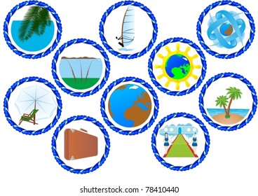 Badges with items for recreation and abstract images of travel
