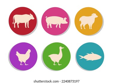 Badges or labels with animal symbols vector illustrations set. Silhouettes of cow, pig, lamb, chicken, duck, fish in colorful circles isolated on white background. Food, farm, agriculture concept