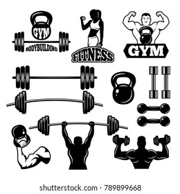 Badges and labels for gym and fitness club. Sport symbols in monochrome style. Sport gym club emblem and logo, badge and label with barbell for bodybuilding. Vector illustration